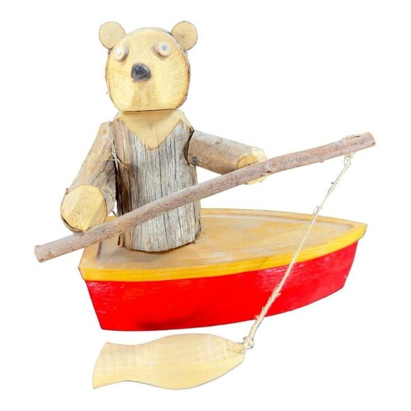 Folk Art Hand Made Wooden Bear Fishing Figurine With Attached Fish On A Boat VTG - Picture 4 of 13